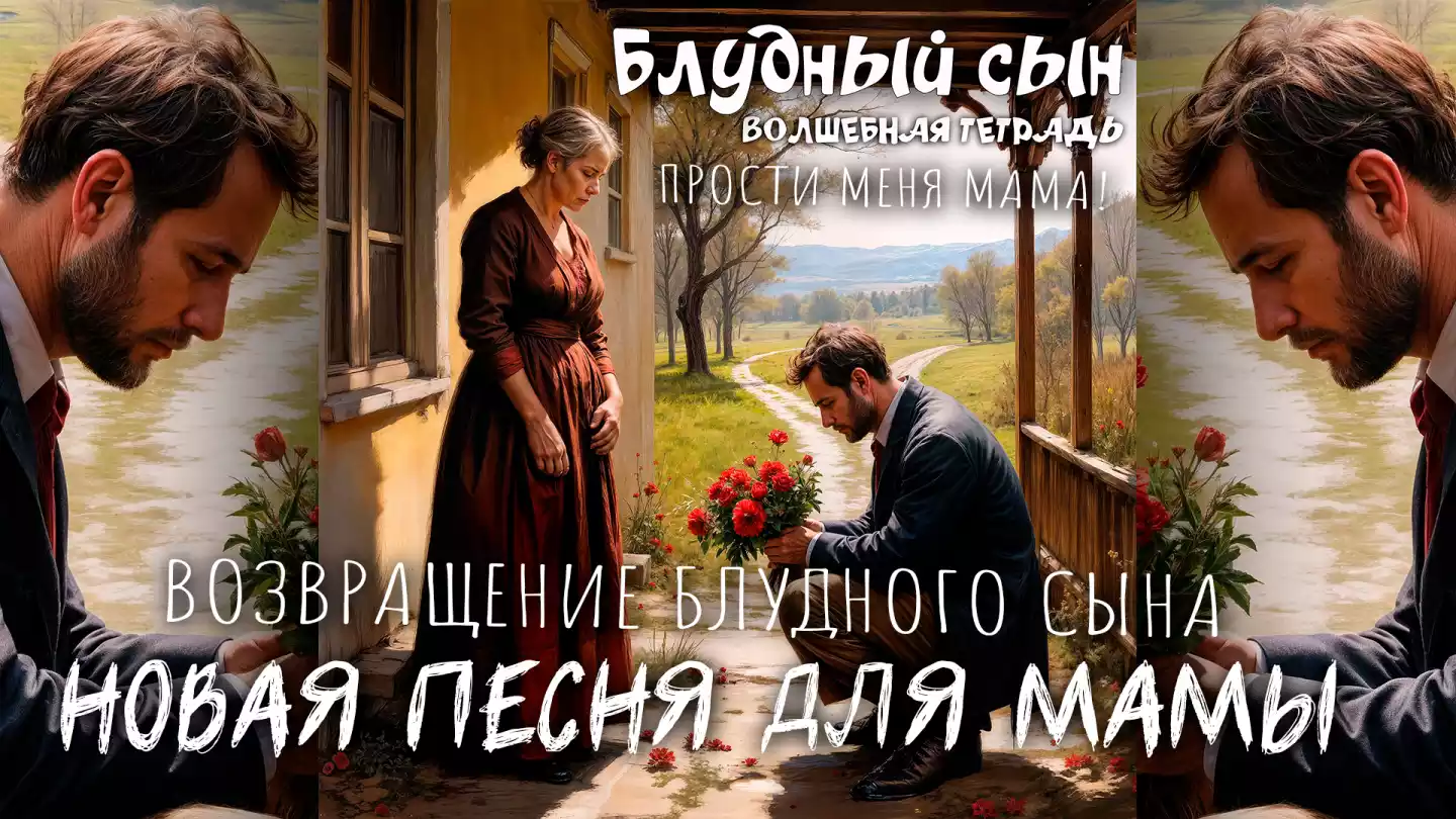 На изображении женщина в красном платье стоит на крыльце, а мужчина в костюме стоит на коленях с букетом красных цветов. Текст: Возвращение блудного сына. Волшебная тетрадь