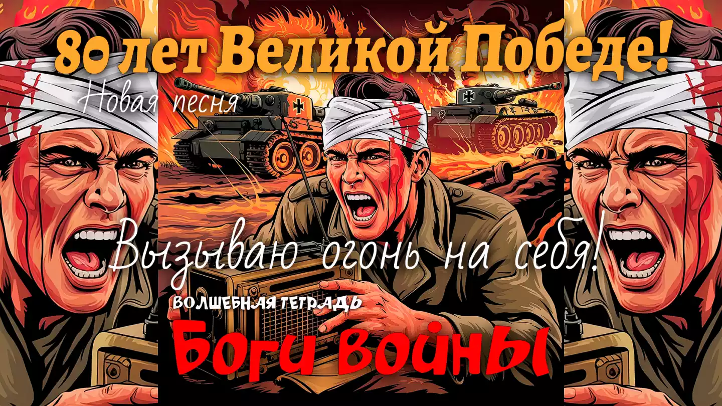 На изображении солдат-радист с окровавленной повязкой на голове кричит в рацию. На заднем плане взрывы и танки. Надпись: Боги войны. Волшебная тетрадь