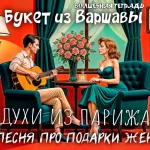 На изображении мужчина и женщина сидят в креслах, мужчина играет на гитаре. На столе ваза с розами и флакон духов. Надпись: Букет из варшавы. Волшебная тетрадь.