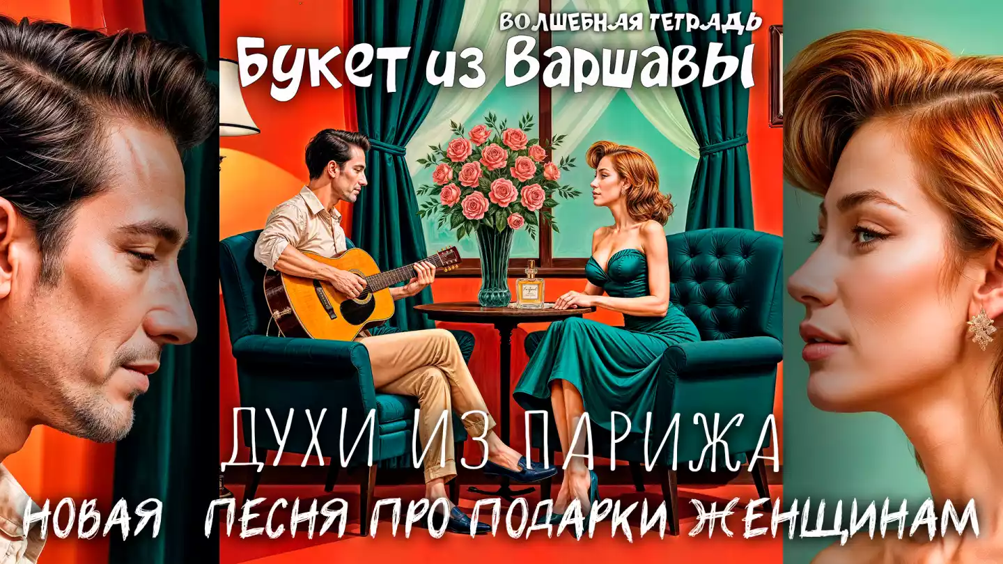 На изображении мужчина и женщина сидят в креслах, мужчина играет на гитаре. На столе ваза с розами и флакон духов. Надпись: Букет из варшавы. Волшебная тетрадь.