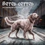 На изображении собака породы сеттер на зимней улице Петербурга. Вокруг здания, идёт снег. Вверху текст «Ветер-сеттер». Надпись: «Ветер-сеттер. Волшебная тетрадь».