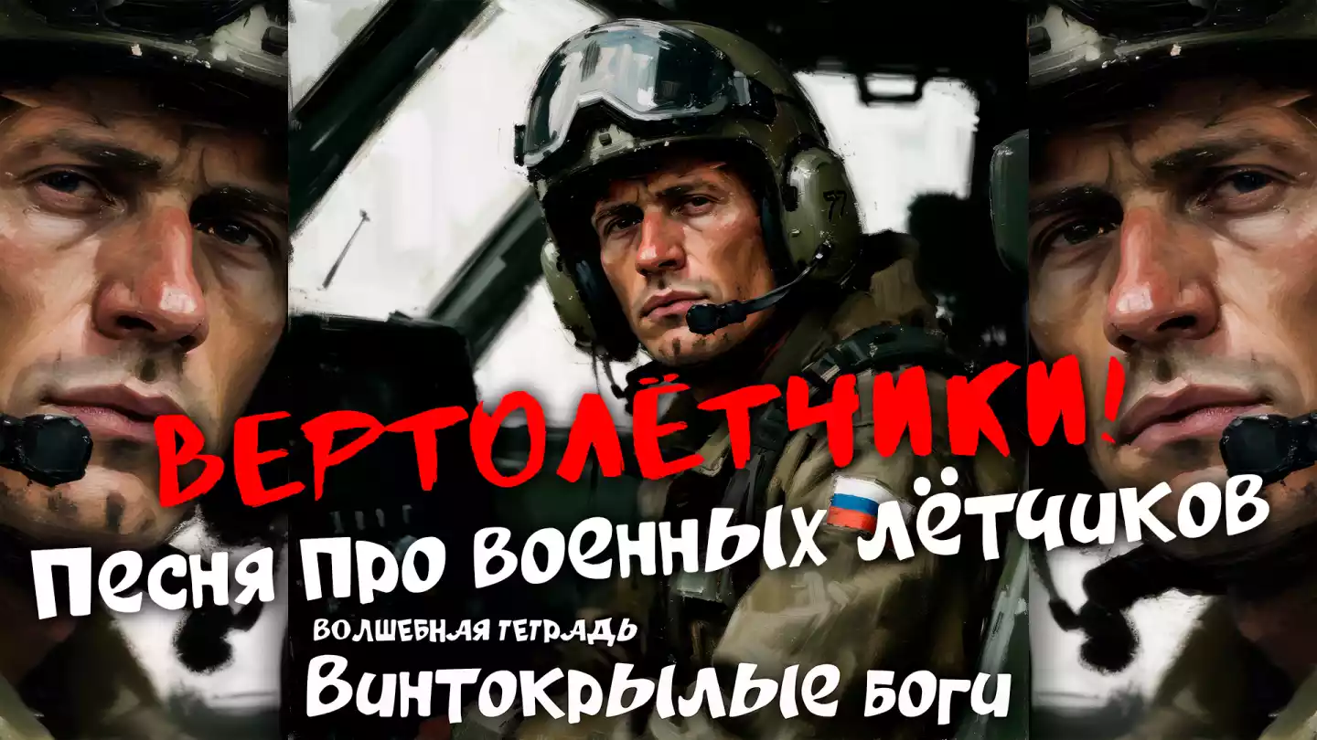 На изображении военный лётчик в шлеме и наушниках. Текст: «Вертолётчики! Песня про военных лётчиков. Волшебная тетрадь. Винтокрылые боги».