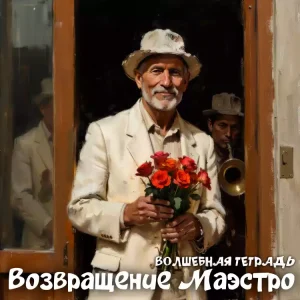 На изображении не молодой мужчина в светлой шляпе и костюме держит букет красных роз. На заднем плане виден духовой оркестр. Текст: Возвращение маэстро. Волшебная тетрадь.