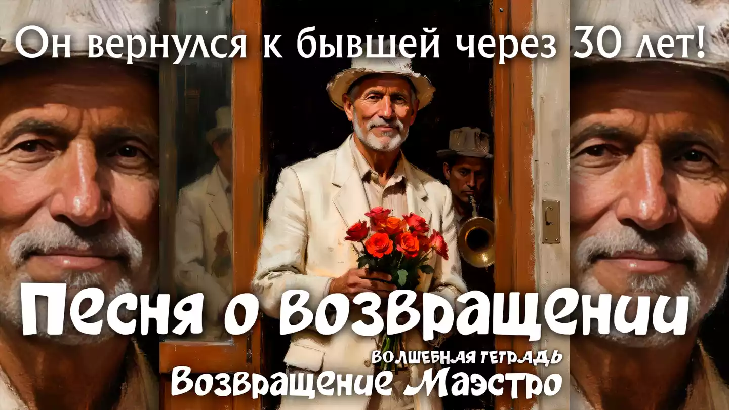 На изображении немолодой мужчина в шляпе держит цветы. Текст: Песня о возвращении. Возвращение Маэстро.