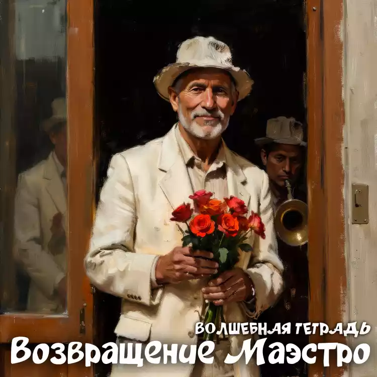 На изображении не молодой мужчина в светлой шляпе и костюме держит букет красных роз. На заднем плане виден духовой оркестр. Текст: Возвращение маэстро. Волшебная тетрадь.