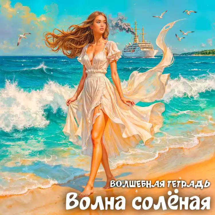 На изображении девушка в белом платье стоит на берегу моря. Волны разбиваются о песок. Вдали виден корабль, из трубы которого идёт дым. Надпись: «Волна солёная. Волшебная тетрадь».