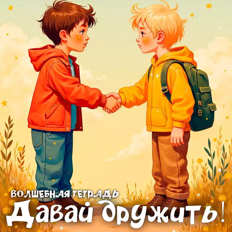 На изображении два мальчика в жёлтой и красной куртках жмут друг другу руки. Вокруг трава и цветы. Внизу надпись: «Давай дружить. Волшебная тетрадь».