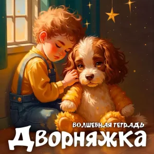 На изображении мальчик в жёлтой рубашке и синем комбинезоне гладит игрушечную собаку. Вокруг них звёзды и тёплые лучи света. Надпись: «Дворняжка». «Волшебная тетрадь».