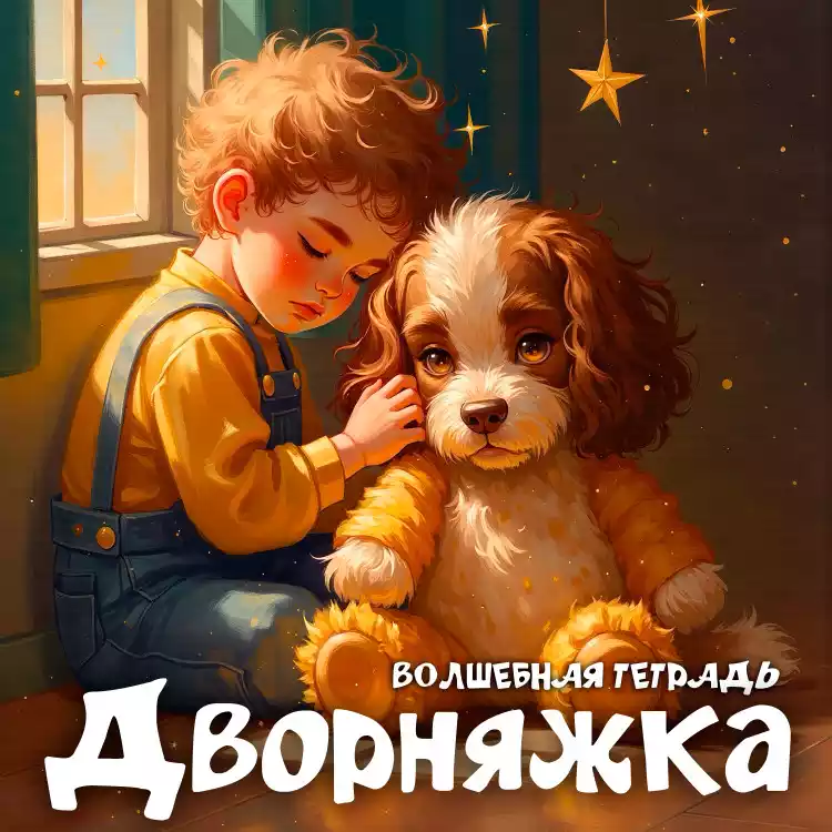 На изображении мальчик в жёлтой рубашке и синем комбинезоне гладит игрушечную собаку. Вокруг них звёзды и тёплые лучи света. Надпись: «Дворняжка». «Волшебная тетрадь».