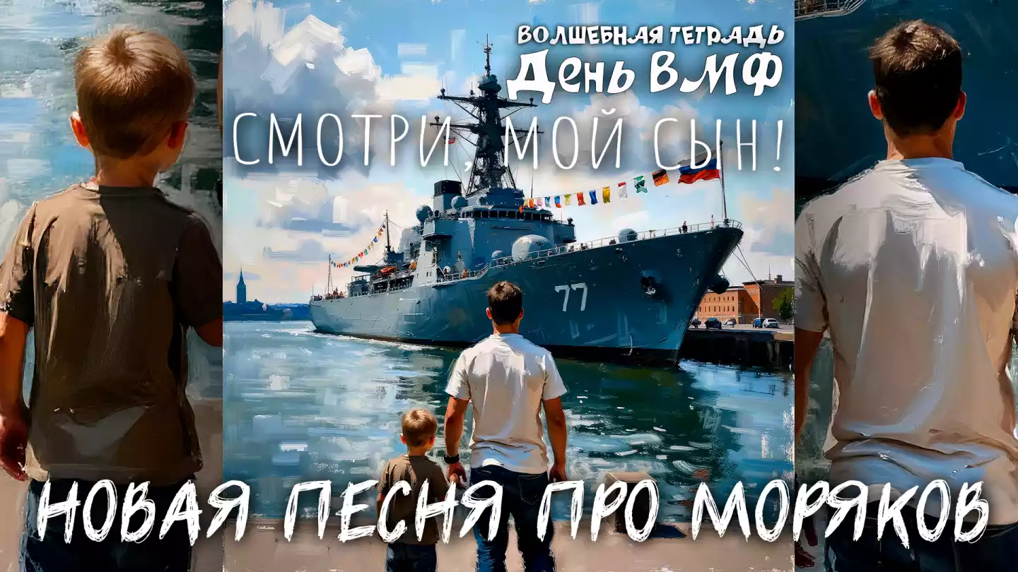 На изображении мальчик и взрослый смотрят на военный корабль в гавани. Надпись «Волшебная тетрадь. День ВМФ».
