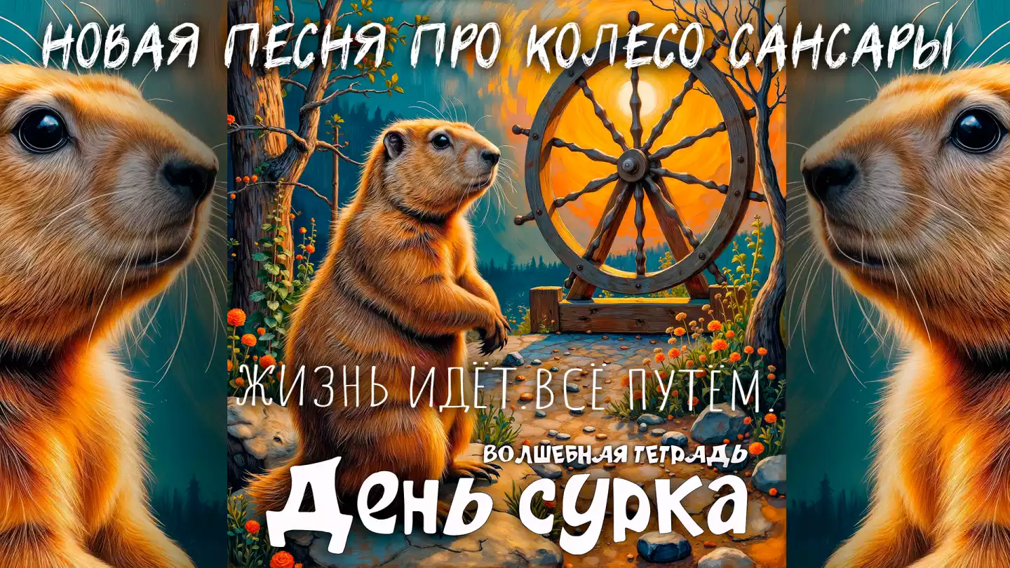 На изображении сурок стоит перед колесом Сансары. Фон изображает лес с деревьями и светом. Текст: День сурка. Волшебная тетрадь