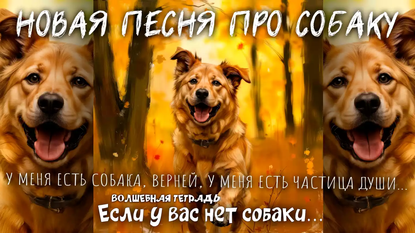 На изображении рыжая собака бежит по осеннему лесу. Текст: Песня про собаку. Волшебная тетрадь