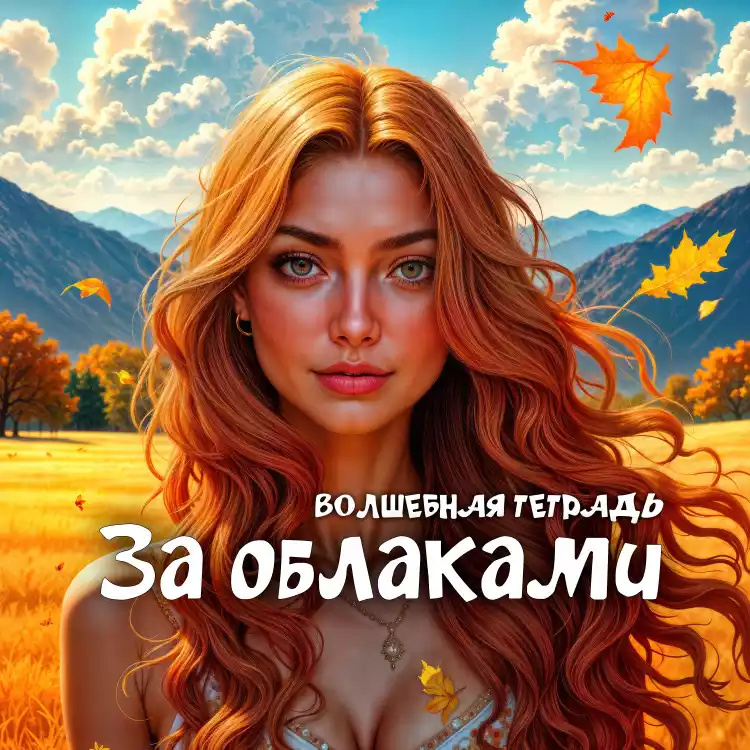 На изображении девушка-осень с длинными рыжими волосами на фоне осеннего пейзажа с облаками, горами и деревьями. Текст: «Волшебная тетрадь. За облаками».