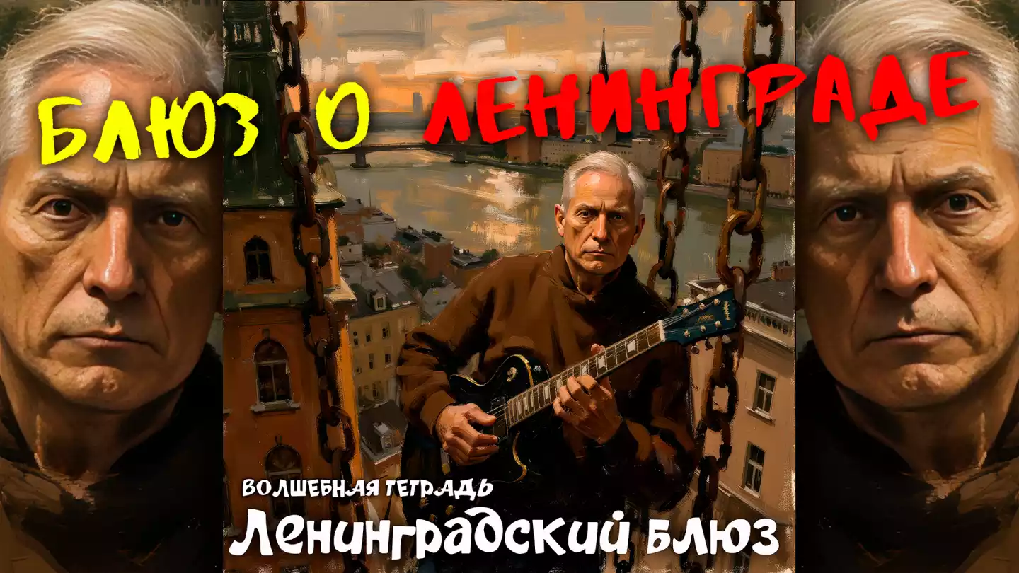 На изображении человек с гитарой на фоне города. Текст: «Блюз о Ленинграде», «Волшебная тетрадь», «Ленинградский блюз».