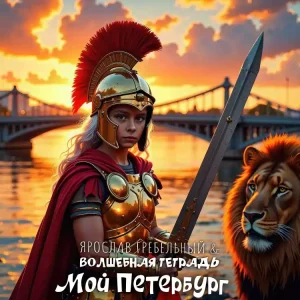 На изображении мальчик в доспехах римского воина-гладиатора с мечом и львом. На заднем плане Петербург, река Нева, мост и закат. Текст внизу: «Мой Петербург. Волшебная тетрадь».