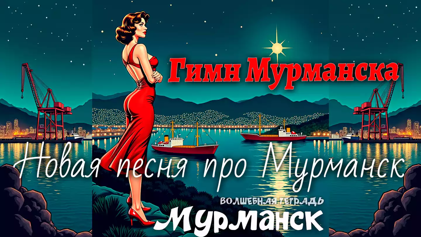 На изображении женщина в красном платье на фоне ночного Мурманска. Видны краны, корабли, горы и звёзды. Текст: «Гимн Мурманска», «Новая песня про Мурманск».