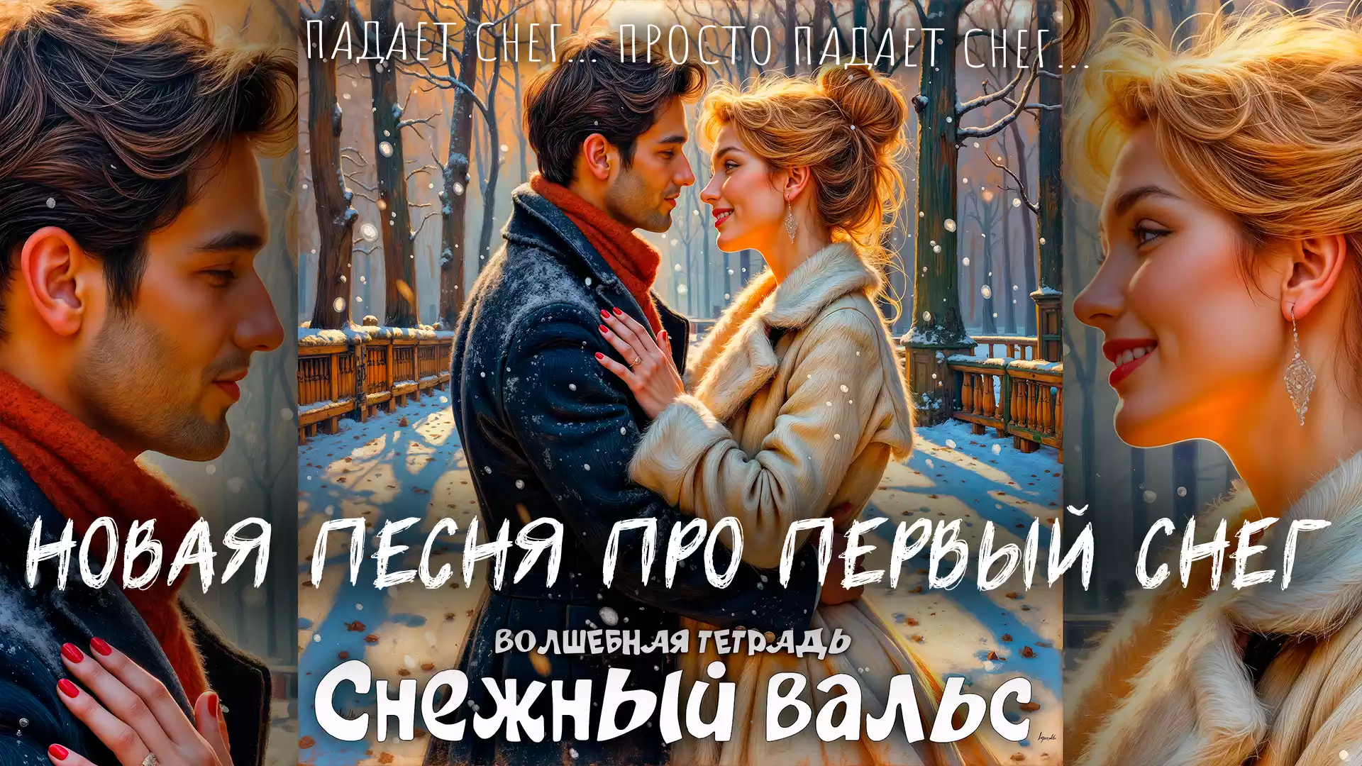 На изображении мужчина и женщина танцуют вальс на заснеженной дорожке в зимнем парке. Вокруг зимние деревья, падает снег. Надпись: Песня про первый снег. Снежный вальс