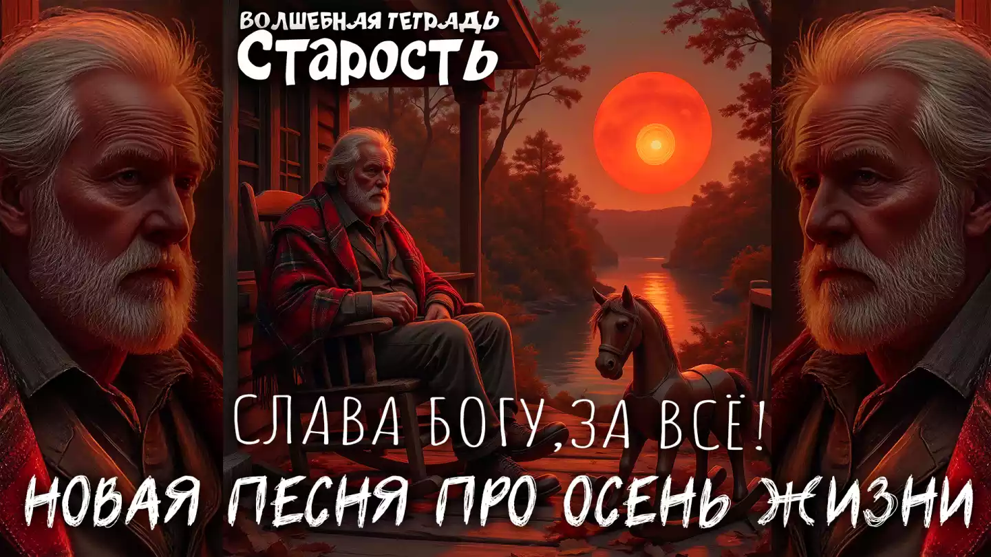 На изображении пожилой мужчина в кресле-качалке на веранде. Рядом деревянная лошадка. Закат, оранжевый шар солнца, деревья, река. Надпись: Старость.