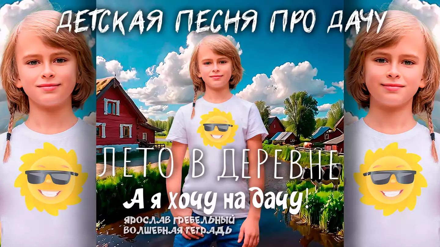 На изображении мальчик в белой футболке с рисунком на фоне деревни с красными домами и зелёными деревьями. Небо голубое с белыми облаками. Дачный посёлок. Надпись: «А я хочу на дачу!» Волшебная тетрадь.