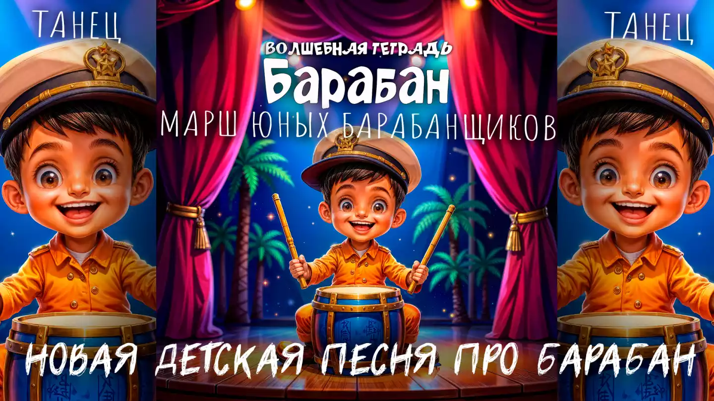 На изображении мальчик в фуражке капитана играет на барабане на сцене. Вокруг пальмы, красные занавеси, яркие огни. Надпись: «Барабан. Волшебная тетрадь».