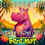 На изображении нарисован весёлый бегемот на фоне тропического пейзажа с пальмами, горами и закатом. Вокруг цветы и бабочки. Надпись: «Бегемот. Волшебная тетрадь».