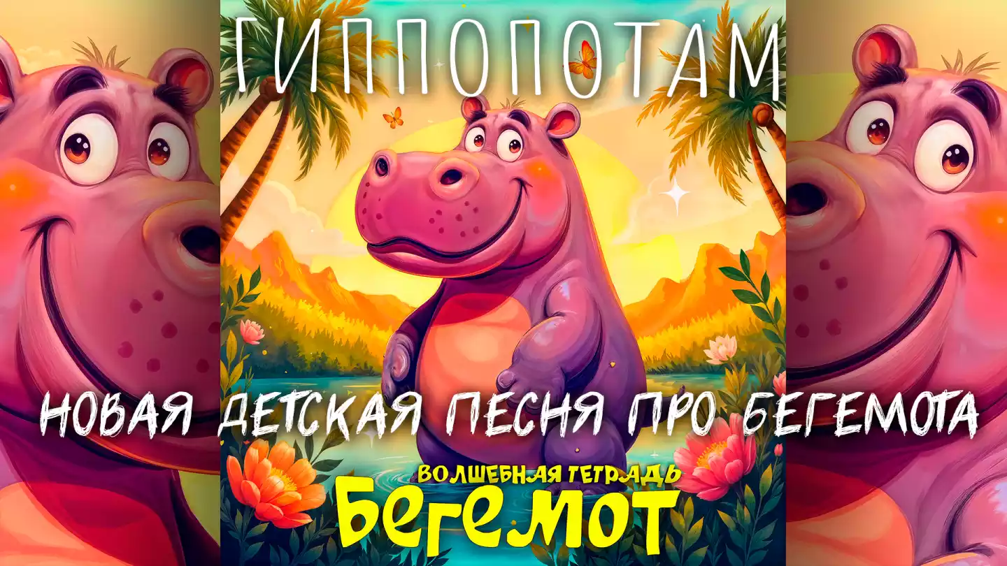 На изображении нарисован весёлый бегемот на фоне тропического пейзажа с пальмами, горами и закатом. Вокруг цветы и бабочки. Надпись: «Бегемот. Волшебная тетрадь».