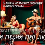 На изображении мужчина в шляпе играет на гитаре, сидя на кровати. Рядом с ним женщина в красном платье. На столике бокалы с шампанским. Надпись: «В любви не бывает разврата». Волшебная тетрадь.