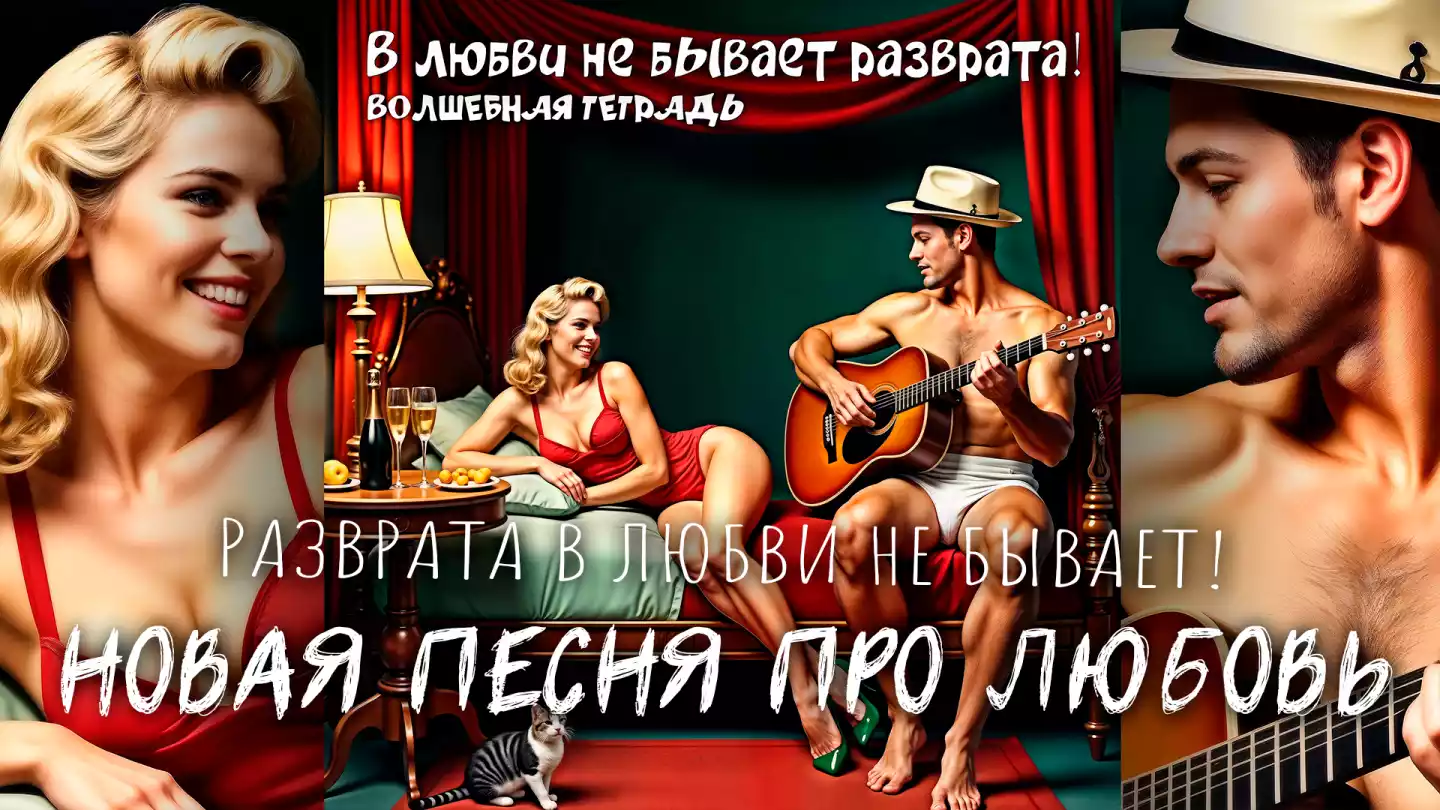 На изображении мужчина в шляпе играет на гитаре, сидя на кровати. Рядом с ним женщина в красном платье. На столике бокалы с шампанским. Надпись: «В любви не бывает разврата». Волшебная тетрадь.