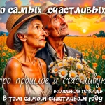 На изображении пожилая пара в соломенных шляпах стоит в поле подсолнухов. Они смотрят на закат, держа в руках букет ромашек. Надпись: «В том самом счастливом году». Волшебная тетрадь.