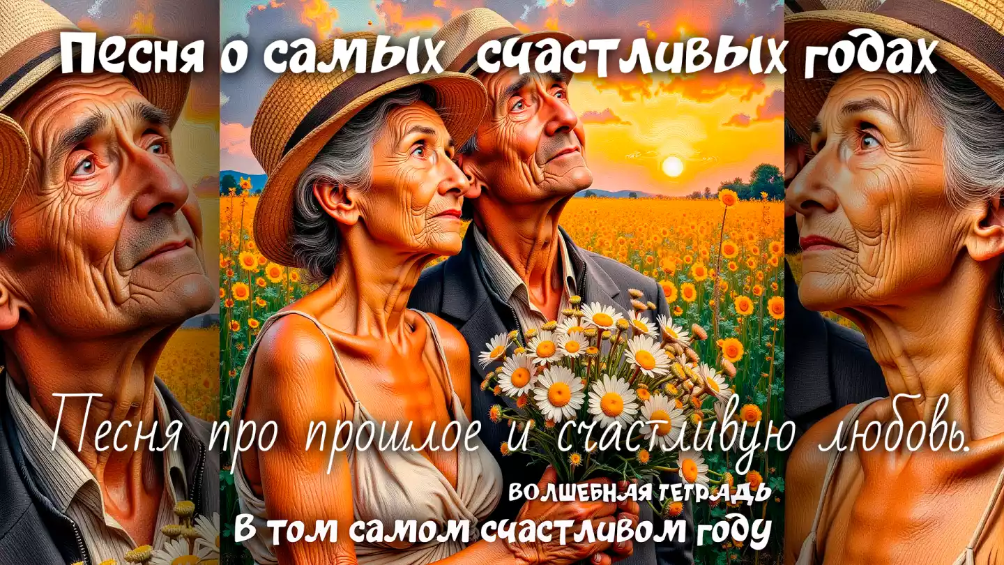 На изображении пожилая пара в соломенных шляпах стоит в поле подсолнухов. Они смотрят на закат, держа в руках букет ромашек. Надпись: «В том самом счастливом году». Волшебная тетрадь.