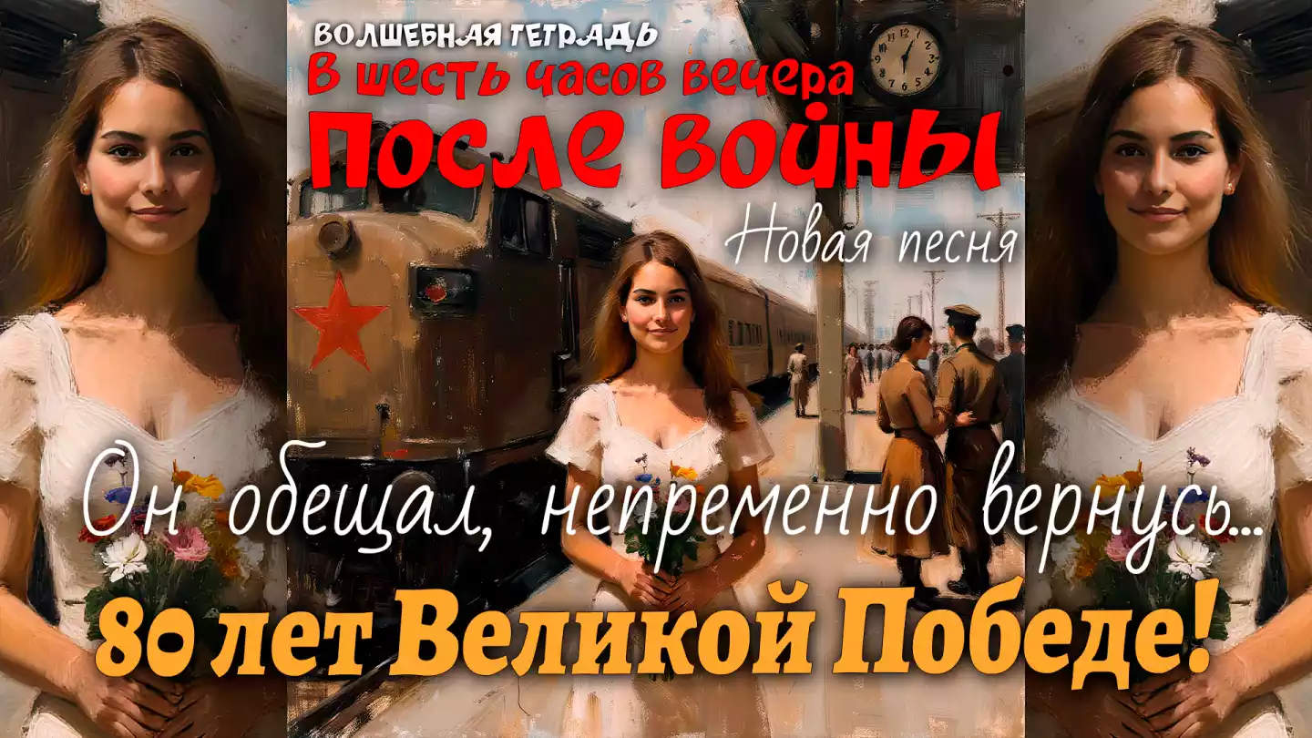 На изображении девушка в белом платье с букетом цветов. На заднем плане поезд и люди в военной форме. Видна станция с часами. Надпись: «В шесть часов вечера после войны». Волшебная тетрадь.