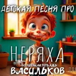 На изображении мальчик-грязнуля с рыжими волосами и веснушками. Он улыбается и одет в грязную футболку. Вокруг него комната с мебелью и растениями. Надпись: «Васильков. Волшебная тетрадь».