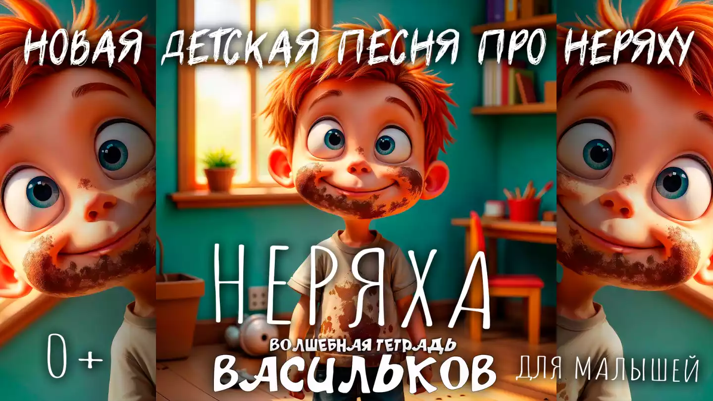 На изображении мальчик-грязнуля с рыжими волосами и веснушками. Он улыбается и одет в грязную футболку. Вокруг него комната с мебелью и растениями. Надпись: «Васильков. Волшебная тетрадь».