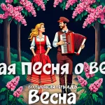 На изображении мужчина с аккордеоном и женщина в красном платье стоят на тропинке, окружённой цветущими деревьями и кустами. Текст внизу гласит «Волшебная тетрадь. Весна».