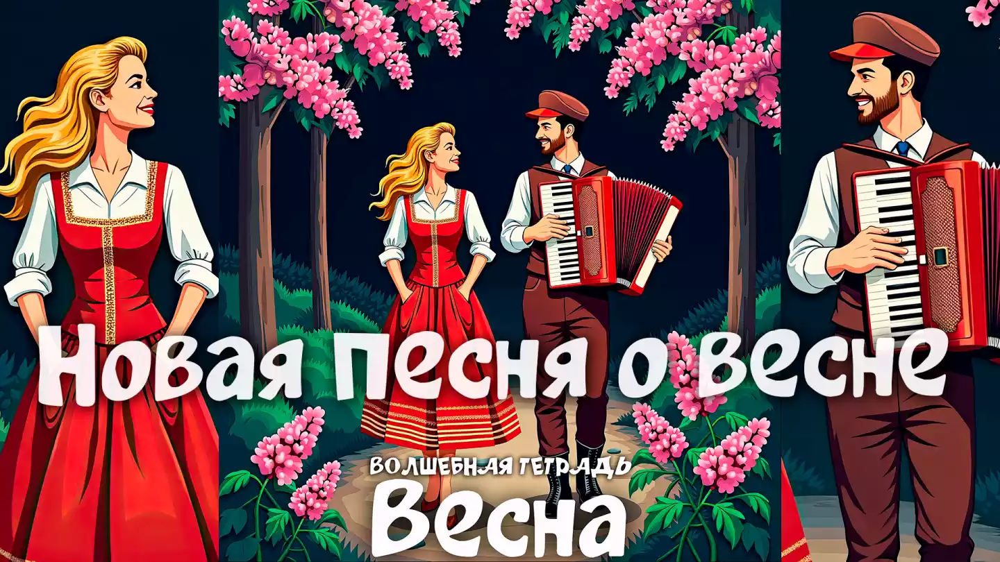 На изображении мужчина с аккордеоном и женщина в красном платье стоят на тропинке, окружённой цветущими деревьями и кустами. Текст внизу гласит «Волшебная тетрадь. Весна».