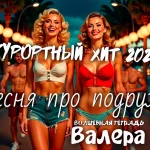 На изображении две улыбающиеся девушки в бикини и джинсовых шортах на курорте. На заднем плане мужчина, пальмы и фонари. Надпись: «Волшебная тетрадь. Валера».