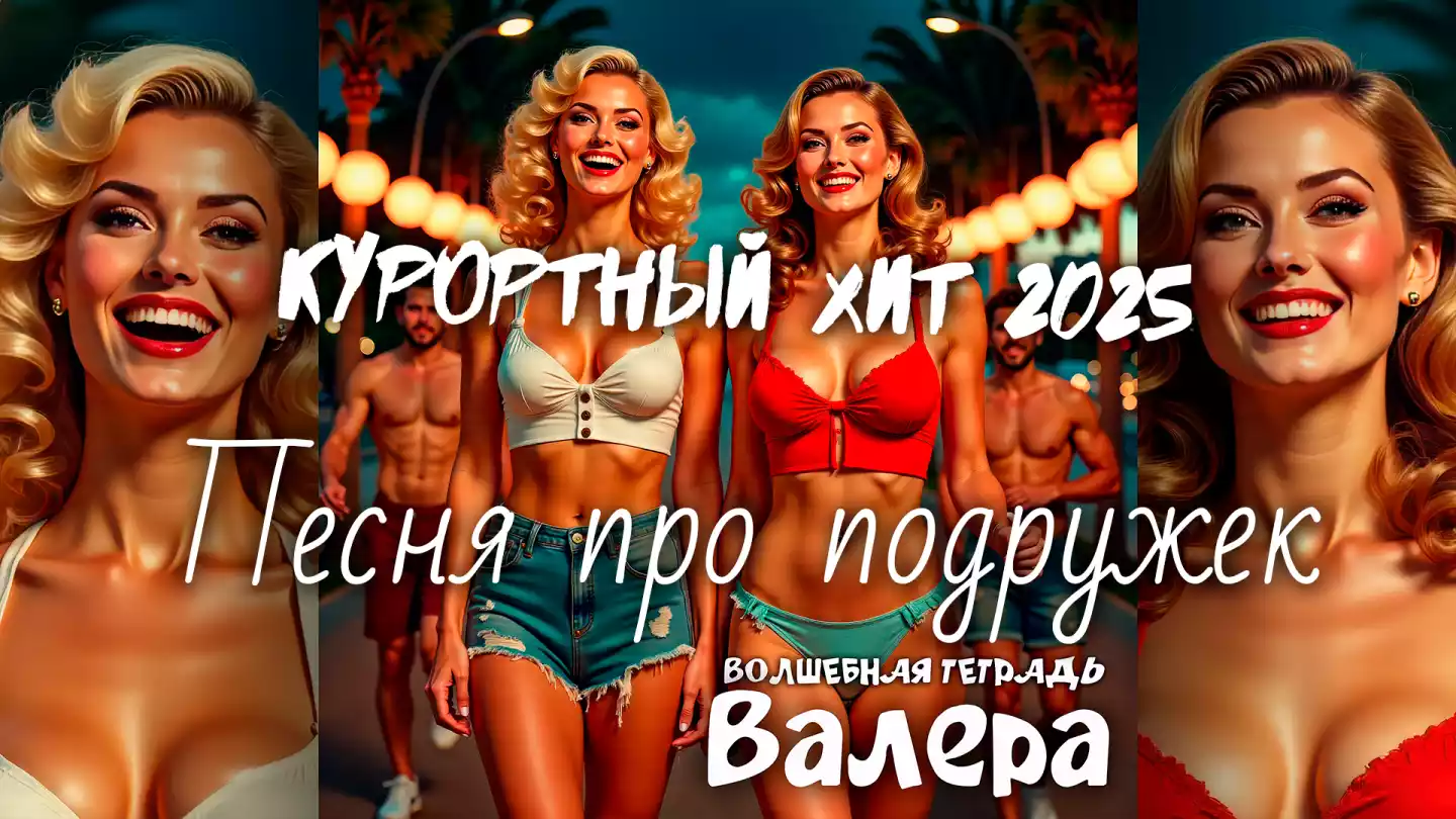На изображении две улыбающиеся девушки в бикини и джинсовых шортах на курорте. На заднем плане мужчина, пальмы и фонари. Надпись: «Волшебная тетрадь. Валера».