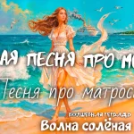 На изображении девушка в белом платье стоит на берегу моря. Волны разбиваются о песок. Вдали виден корабль, из трубы которого идёт дым. Надпись: «Волна солёная. Волшебная тетрадь».