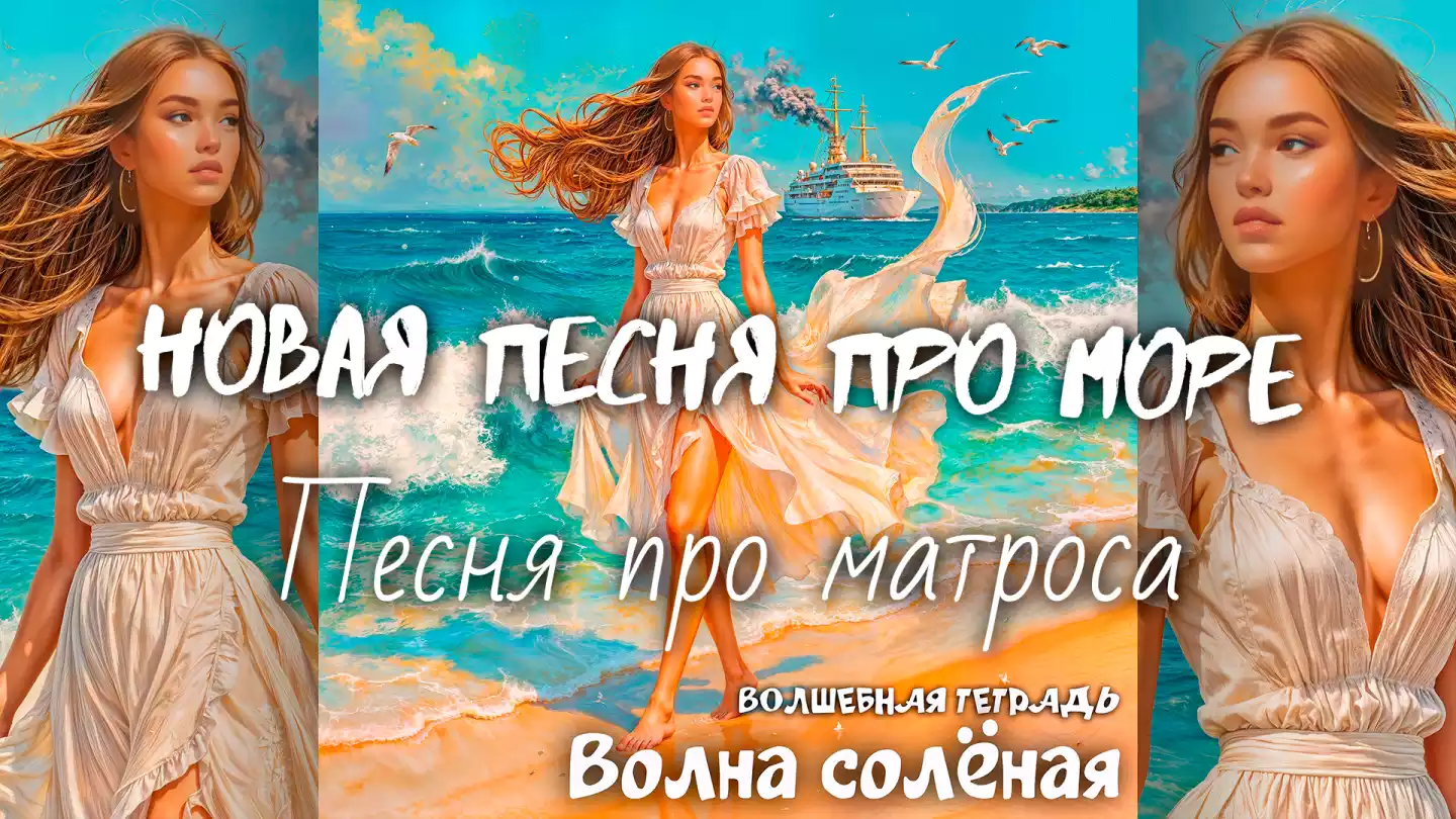 На изображении девушка в белом платье стоит на берегу моря. Волны разбиваются о песок. Вдали виден корабль, из трубы которого идёт дым. Надпись: «Волна солёная. Волшебная тетрадь».