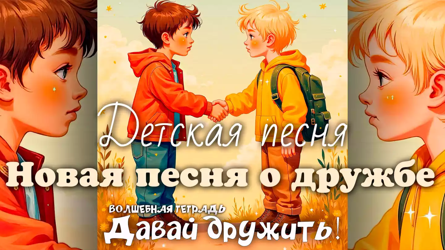 На изображении два мальчика в жёлтой и красной куртках жмут друг другу руки. Вокруг трава и цветы. Внизу надпись: «Давай дружить. Волшебная тетрадь».