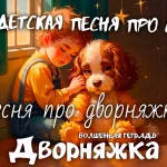 На изображении мальчик в жёлтой рубашке и синем комбинезоне гладит игрушечную собаку. Вокруг них звёзды и тёплые лучи света. Надпись: «Дворняжка». «Волшебная тетрадь».