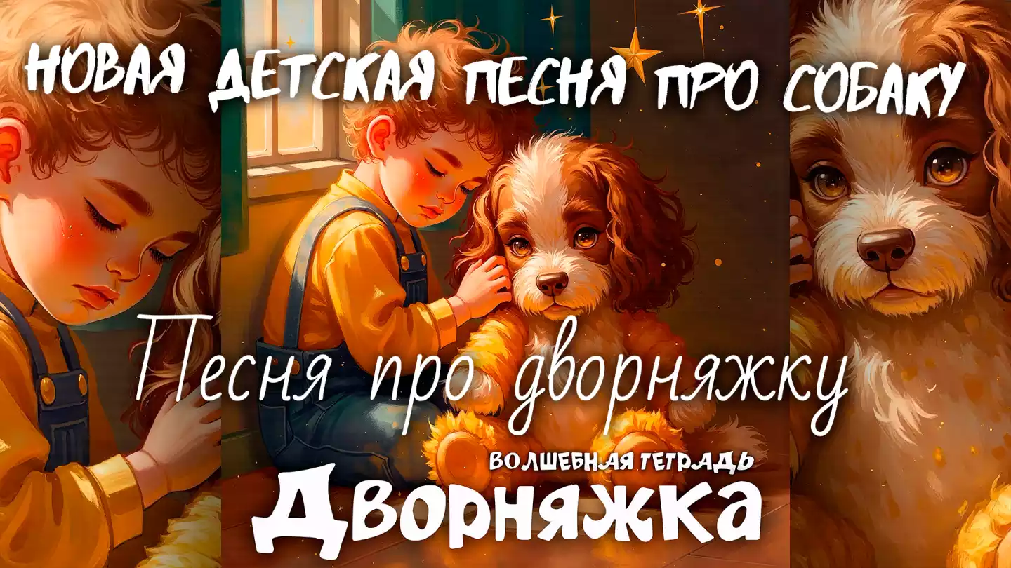 На изображении мальчик в жёлтой рубашке и синем комбинезоне гладит игрушечную собаку. Вокруг них звёзды и тёплые лучи света. Надпись: «Дворняжка». «Волшебная тетрадь».
