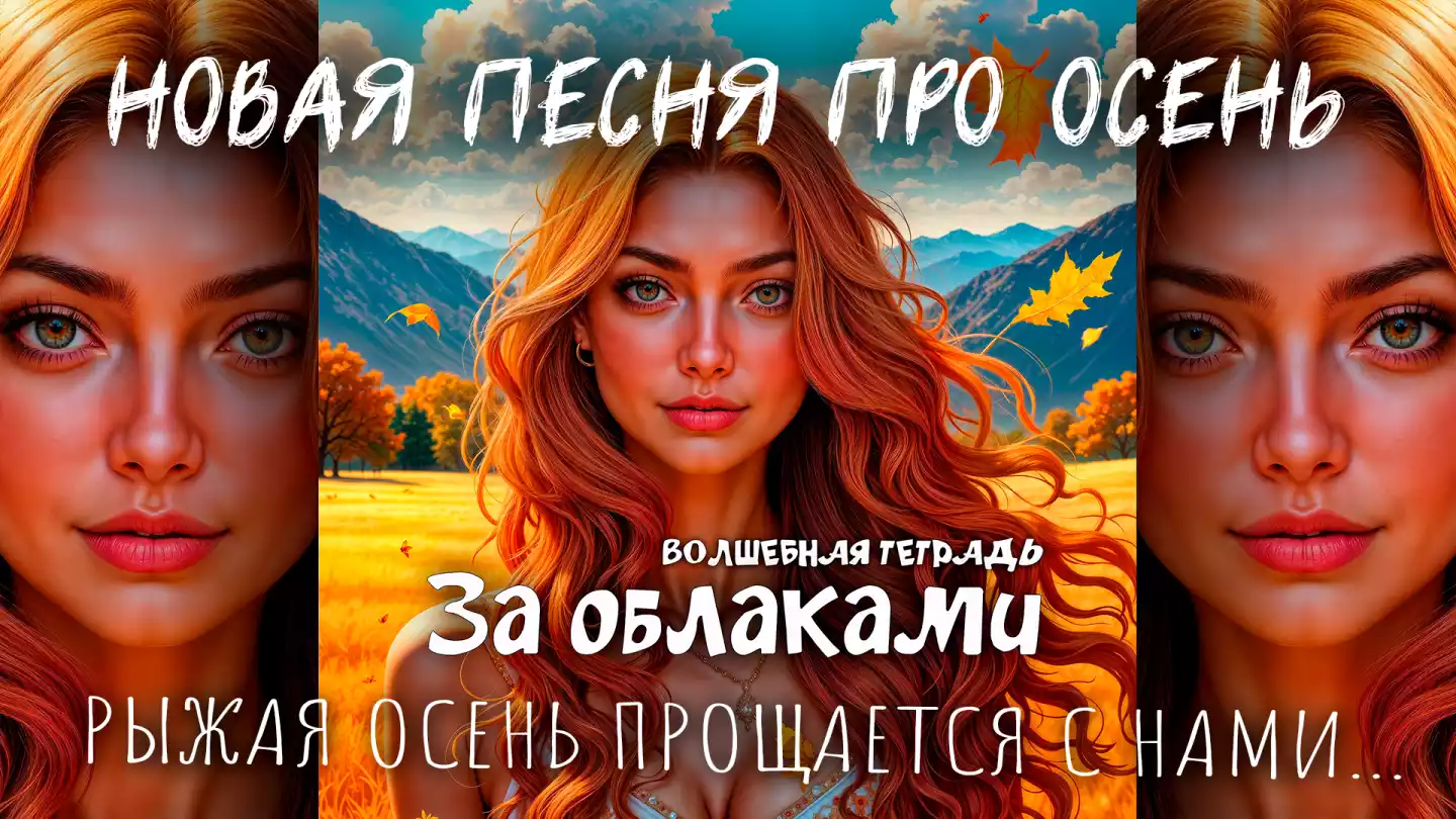 На изображении девушка-осень с длинными рыжими волосами на фоне осеннего пейзажа с облаками, горами и деревьями. Текст: «Волшебная тетрадь. За облаками».