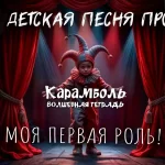 На изображении ребёнок в костюме Арлекино на сцене с красными занавесками и прожекторами. В центре надпись «Карамболь. Волшебная тетрадь».