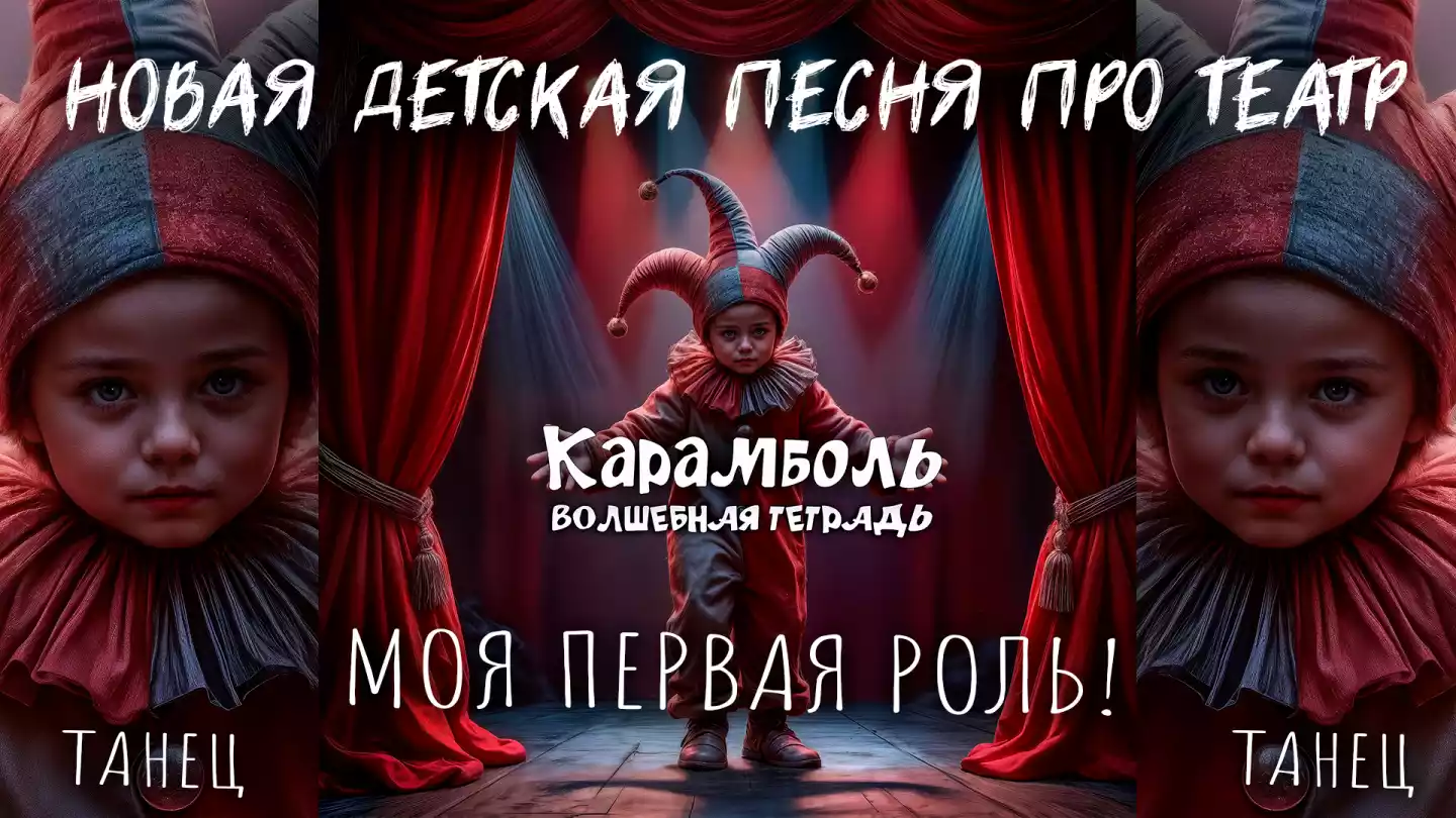 На изображении ребёнок в костюме Арлекино на сцене с красными занавесками и прожекторами. В центре надпись «Карамболь. Волшебная тетрадь».