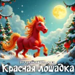 На изображении представлена яркая и красочная сцена зимнего леса. В центре композиции находится красная лошадка с золотистой гривой и хвостом. Лошадка стоит на снегу и выглядит радостной и игривой. Вокруг лошадки растут заснеженные ёлки, украшенные красными шарами и гирляндами. На заднем плане видна большая полная луна, которая освещает сцену мягким светом. Небо окрашено в голубые и розовые тона, создавая ощущение волшебства и праздника. В нижней части изображения находится текст «Волшебная тетрадь Красная лошадка».