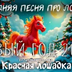 На изображении представлена яркая и красочная сцена зимнего леса. В центре композиции находится красная лошадка с золотистой гривой и хвостом. Лошадка стоит на снегу и выглядит радостной и игривой. Вокруг лошадки растут заснеженные ёлки, украшенные красными шарами и гирляндами. На заднем плане видна большая полная луна, которая освещает сцену мягким светом. Небо окрашено в голубые и розовые тона, создавая ощущение волшебства и праздника. В нижней части изображения находится текст «Волшебная тетрадь Красная лошадка».