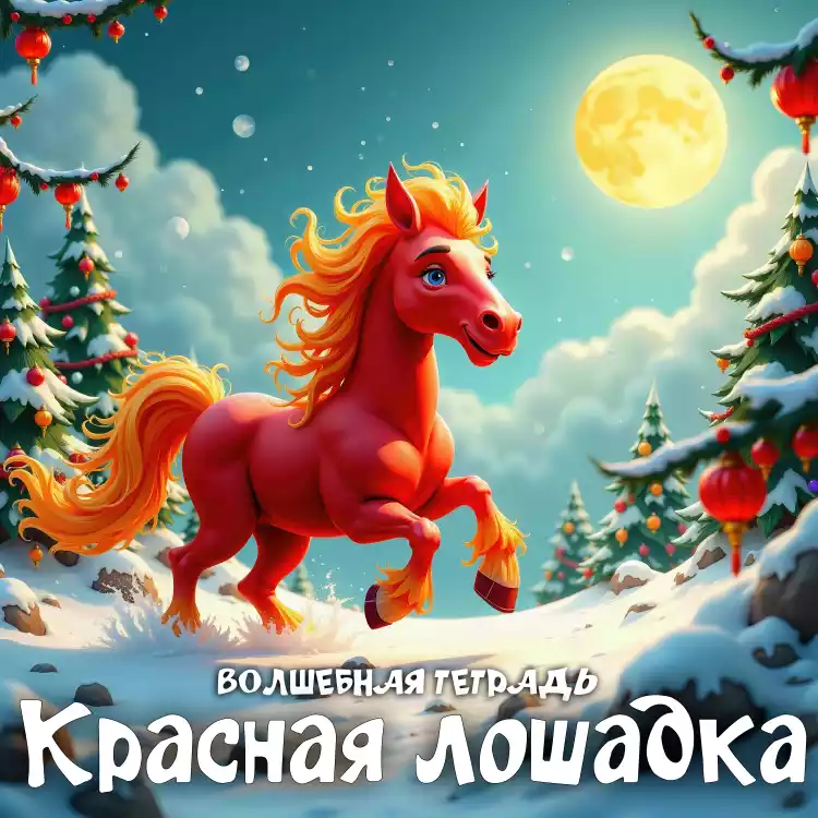 На изображении представлена яркая и красочная сцена зимнего леса. В центре композиции находится красная лошадка с золотистой гривой и хвостом. Лошадка стоит на снегу и выглядит радостной и игривой. Вокруг лошадки растут заснеженные ёлки, украшенные красными шарами и гирляндами. На заднем плане видна большая полная луна, которая освещает сцену мягким светом. Небо окрашено в голубые и розовые тона, создавая ощущение волшебства и праздника. В нижней части изображения находится текст «Волшебная тетрадь Красная лошадка».