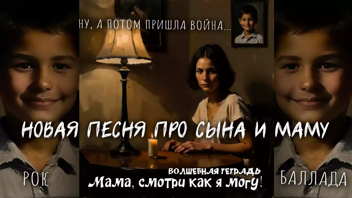 На изображении женщина сидит за столом, на котором стоит зажжённая свеча и лампа. На стене висят фотографии. Надпись: «Мама, смотри, как я могу! Волшебная тетрадь».