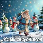 На изображении представлена зимняя сцена с яркими и радостными элементами. В центре изображен Дед Мороз, одетый в синее пальто с меховой оторочкой и красным поясом. На голове у него синяя шапка с помпоном. За спиной у Деда Мороза большой рюкзак. Он идет по снегу, оставляя за собой следы. На заднем плане видны несколько снеговиков, одетых в разноцветные шапки и шарфы. Они стоят на фоне заснеженных елей. В воздухе видны падающие снежинки, создавая ощущение зимнего волшебства. В нижней части изображения находится текст «ВОЛШЕБНАЯ ТЕТРАДЬ» и «Марш снеговиков».